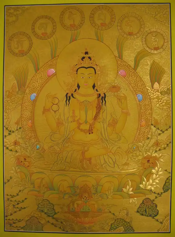 Thangka de Chenrezig avec des symboles auspicieux