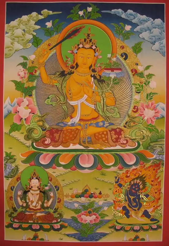 Manjushree Avec Vajrapani Thangka Tibétain