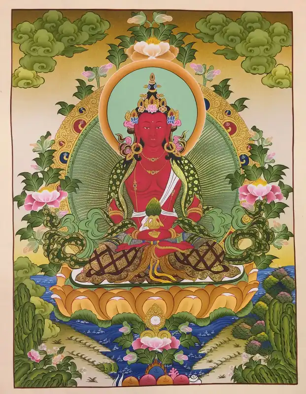 Peinture Thangka d’Amitayus Bouddha (Sambhogakaya)