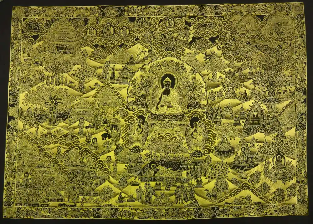 Thangka de la Vie du Bouddha Noir et Or