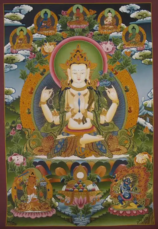 Chenrezig avec une peinture des Cinq Bouddhas