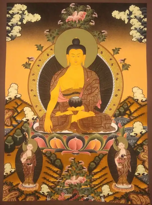 Thangka de Shakyamuni Buddha avec 2 disciples