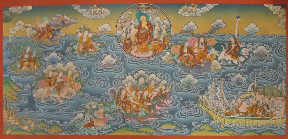 Thangka du Bouddha avec les 16 Arhats