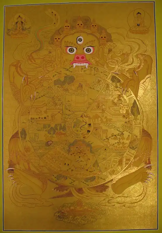 Roue d’or de la vie – Thangka traditionnel