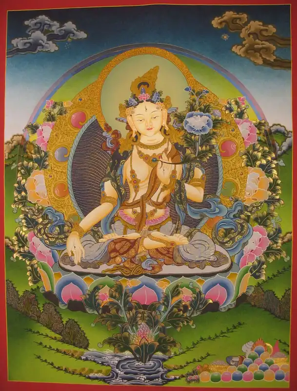 Thangka tibétain de la bénédiction de Tara Blanche