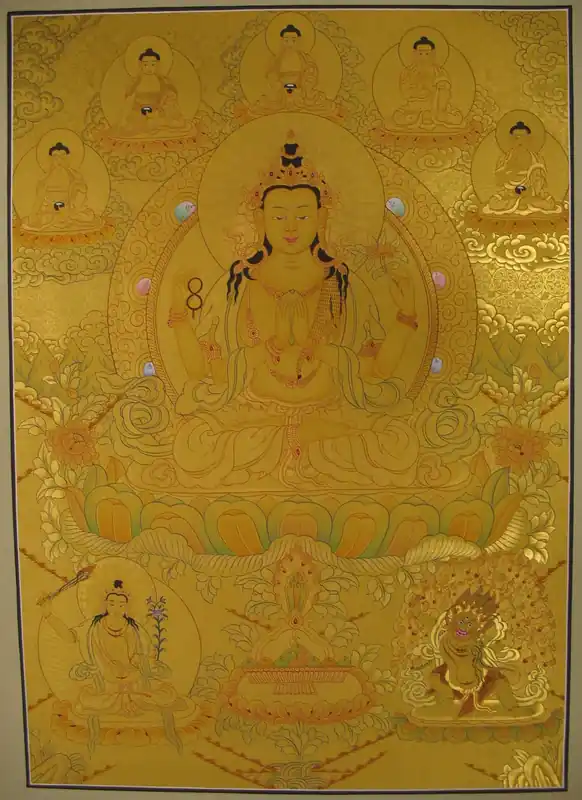 Thangka tibétain de Chengrezig avec 5 Bouddhas Dhyani