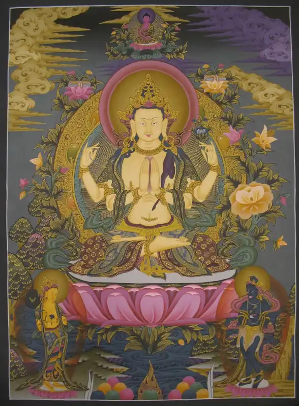 Chenrezig avec Deux Déesses des Offrandes Art