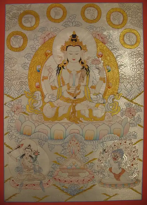 Chenrezig avec les 7 Symboles Auspicieux