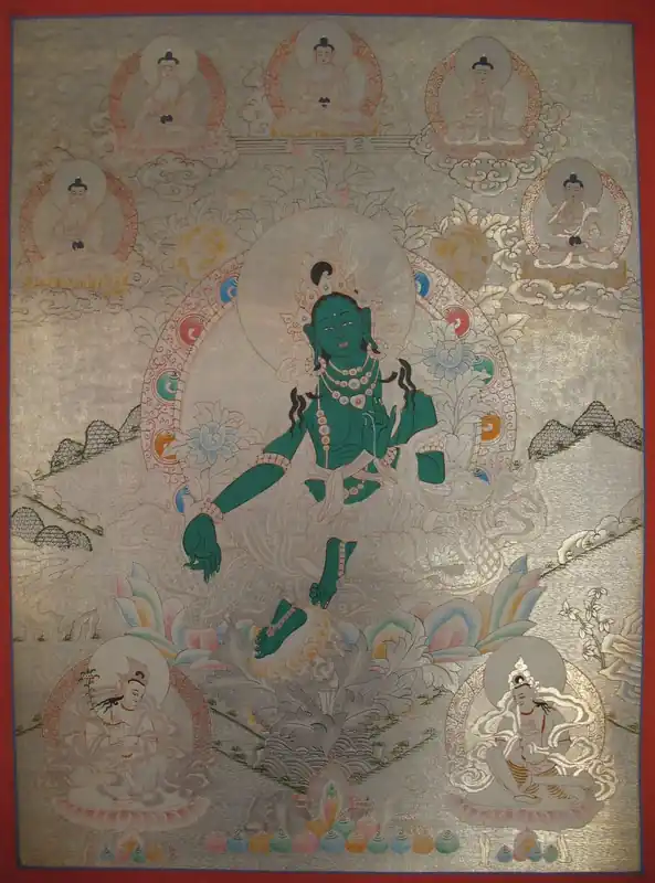 Thangka de Tara Verte avec 5 Bouddhas Dhyani