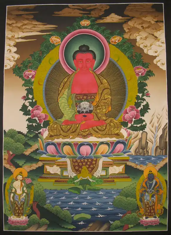 Amitabha Buddha Avec Deux Déesses Offrantes