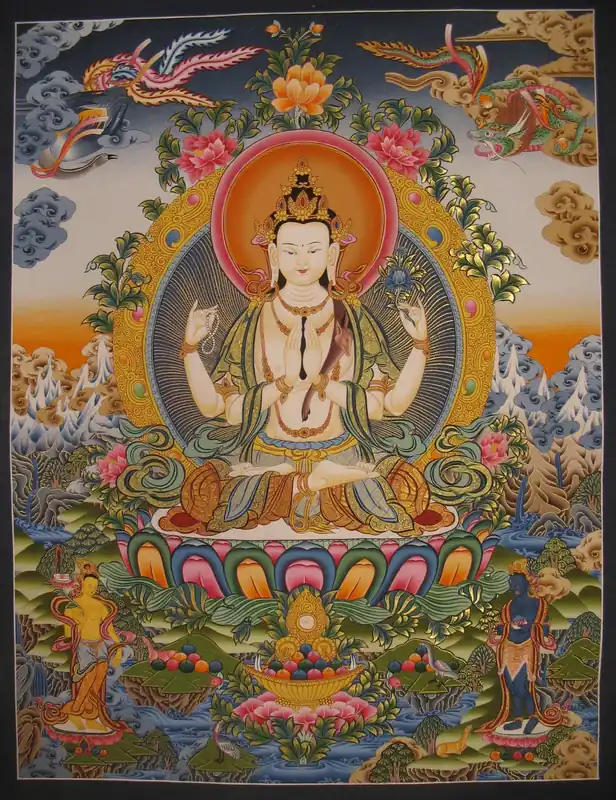 Thangka de Chenrezig avec les Déesses de l’Offrande
