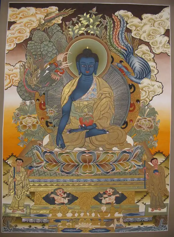Le Bouddha de la Médecine avec Deux Dieux Debout