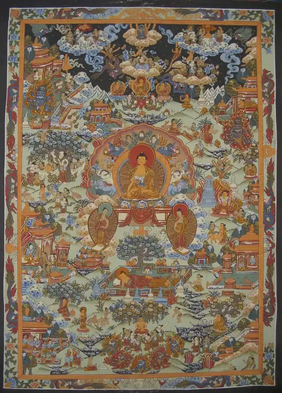 Thangka tibétain de l’histoire de la vie du Bouddha