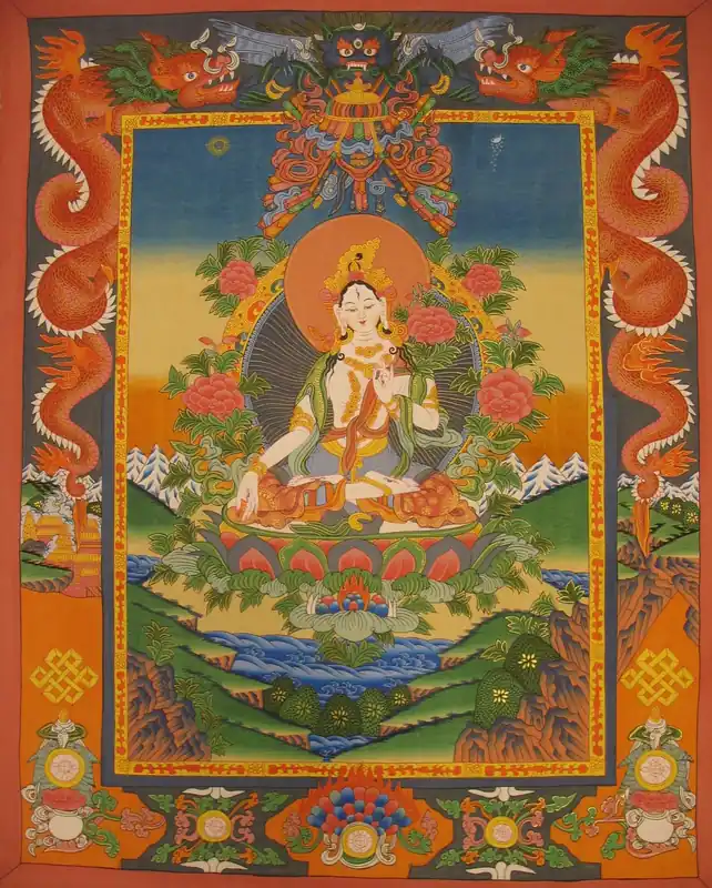 Thangka de la Déesse Blanche Tara avec un Dragon
