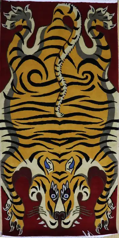 Tapis tibétain tigre noué à la main (rouge)