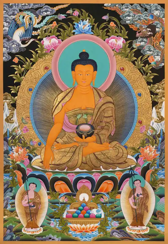 Thangka de Shakyamuni Bouddha avec Shariputra et Maudgalyayana