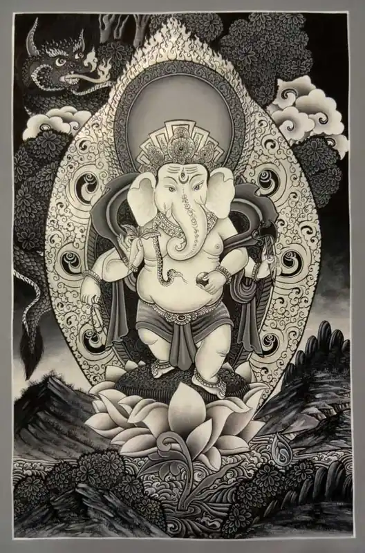 Thangka de Ganesh en noir et blanc