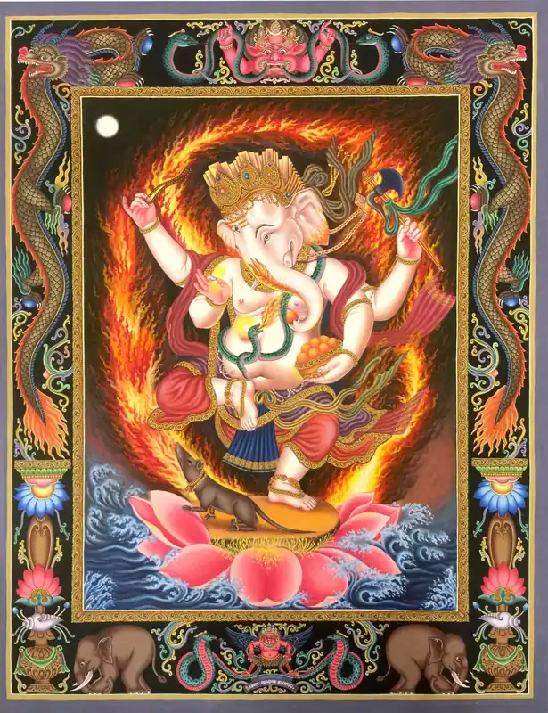 Paubha Newar de Ganesh dansant Thangka