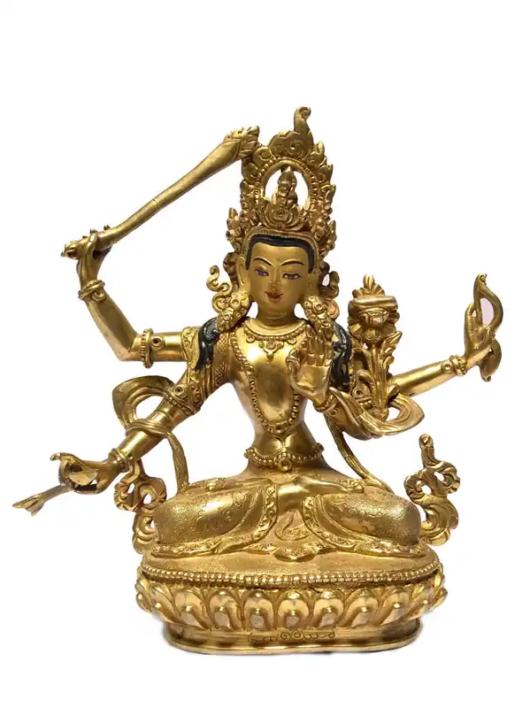 Statue tibétaine de Manjushri – Plaquée or en cuivre