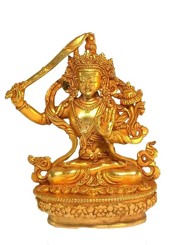 Statue rituelle en cuivre plaqué or de Manjushri