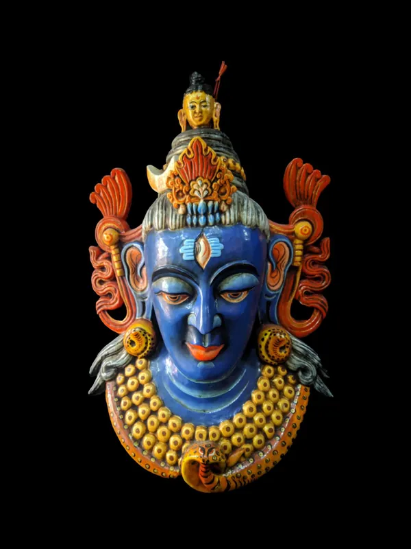 Masque en bois de Mahadev – Peinture bleue