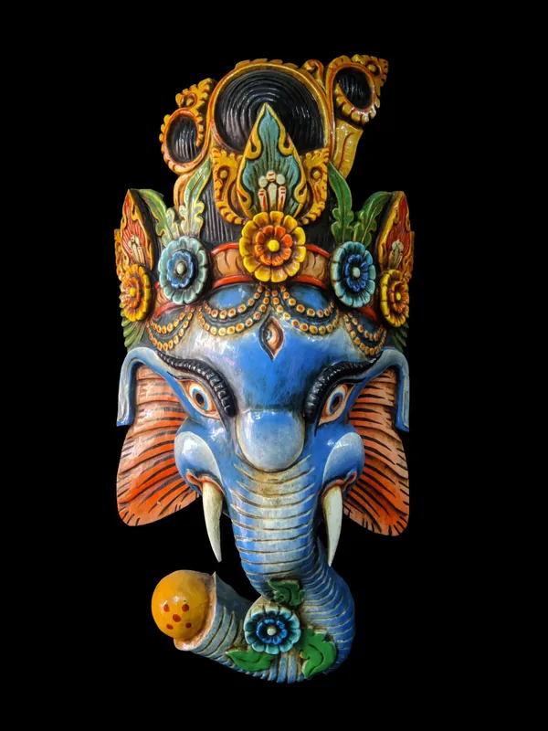 Masque en bois de Ganesh – Peinture bleue
