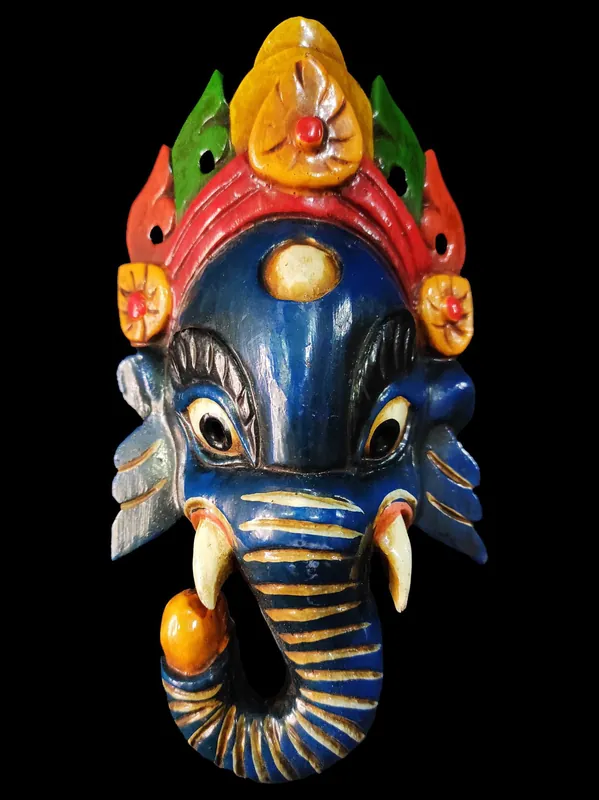 Masque en bois de Ganesh – Peinture bleu foncé