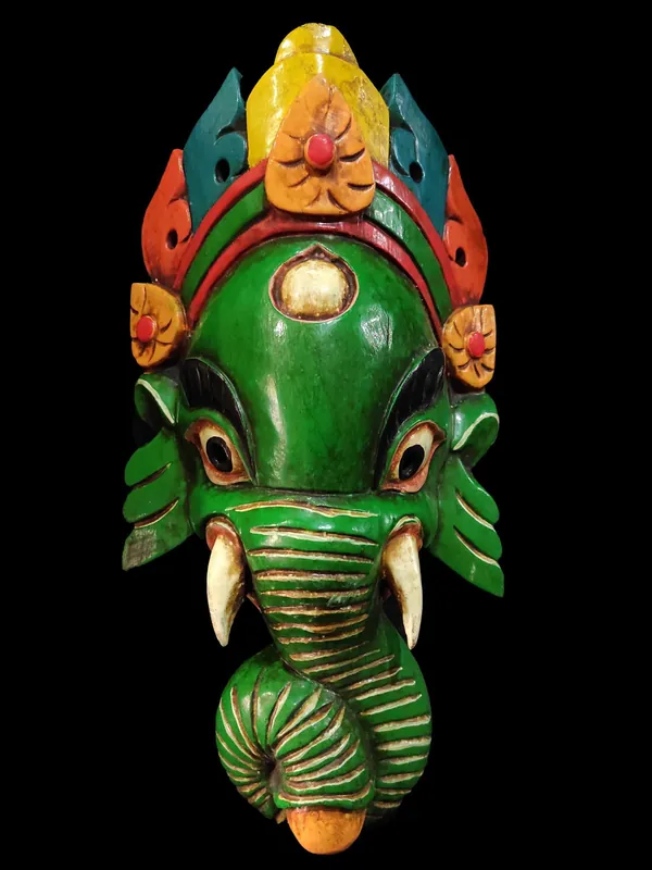 Masque en bois de Ganesh fait à la main – Peinture verte