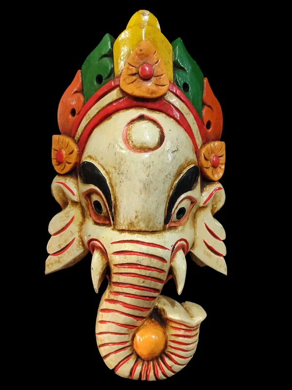 Masque en bois fait main de Ganesh – Peinture blanche