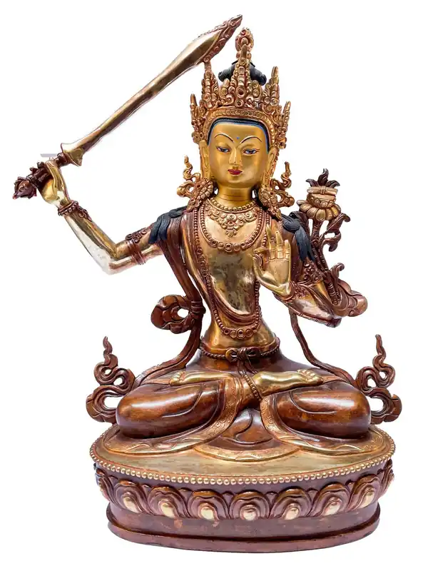 Statue de Manjushri en cuivre partiellement plaquée or
