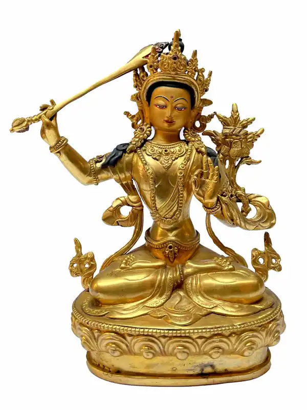 Statue tibétaine de Manjushri en cuivre plaqué or