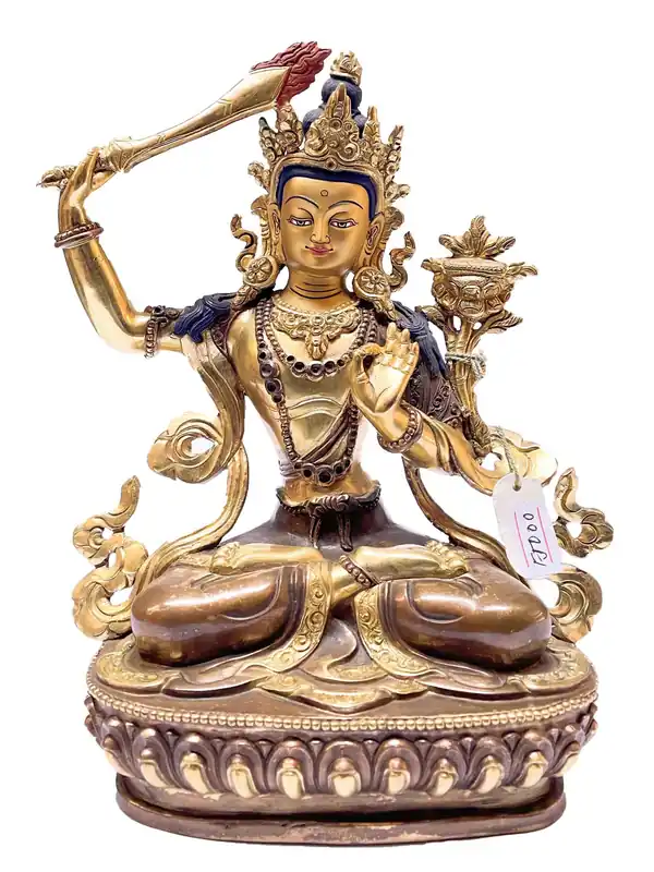 Statue bouddhiste de Manjushri en cuivre plaqué or