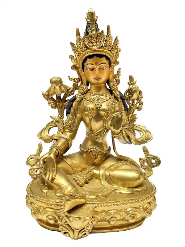 Statue de Tara Verte tibétaine – Plaquée or en cuivre