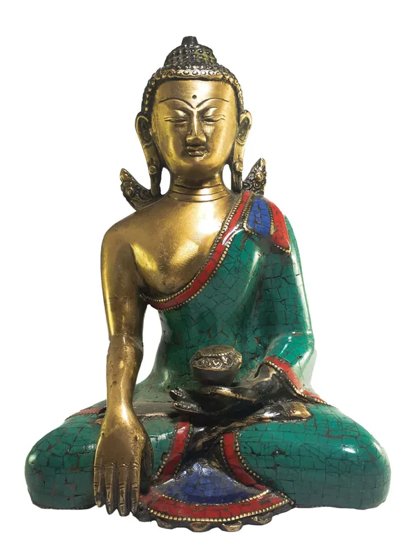 Statue tibétaine de Shakyamuni Bouddha – Laiton et pierre