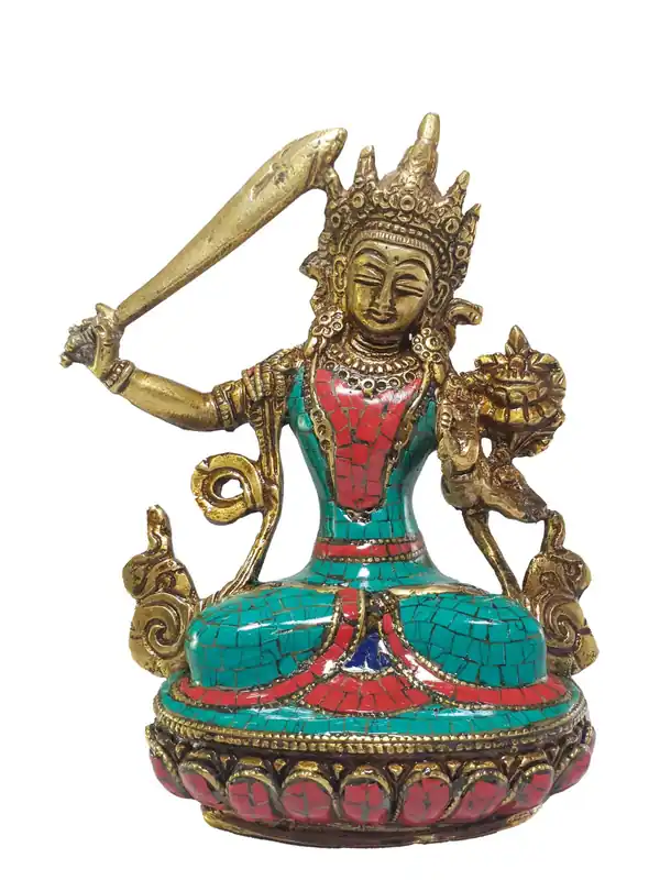 Statue en laiton et en pierre de Manjushri
