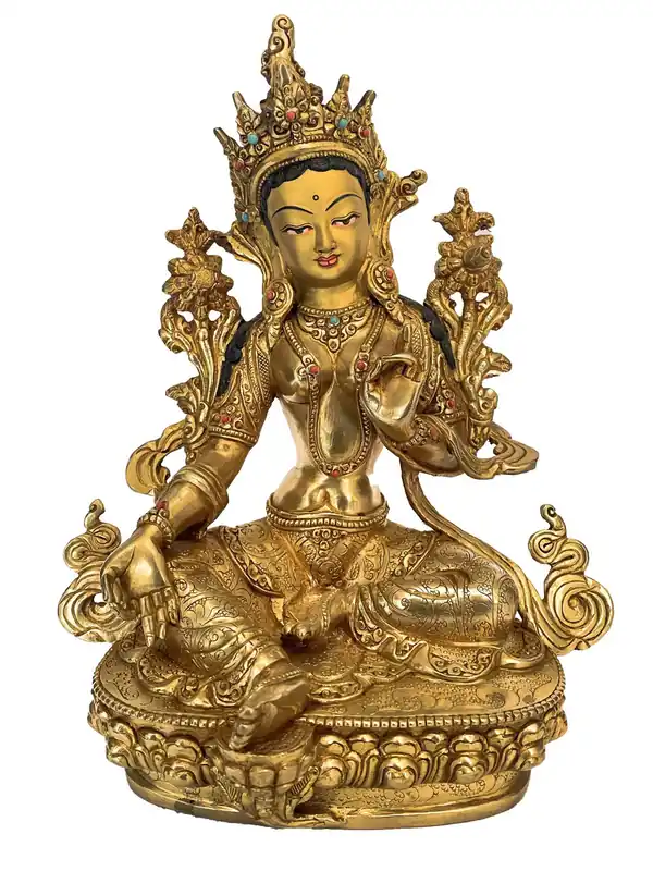 Statue bouddhiste de Tara Verte – Plaquée en cuivre et or