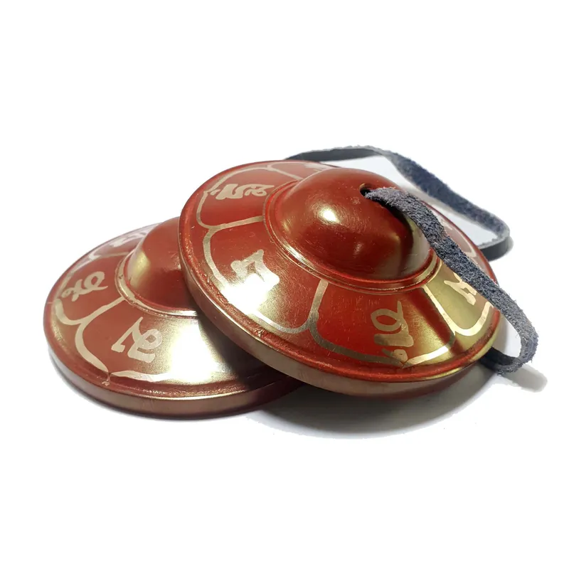 Tingsha en bronze – Om Mani peint en rouge