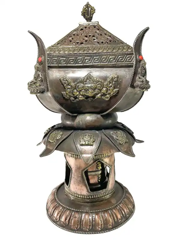 Support d’encens en forme de lotus avec roue de prière