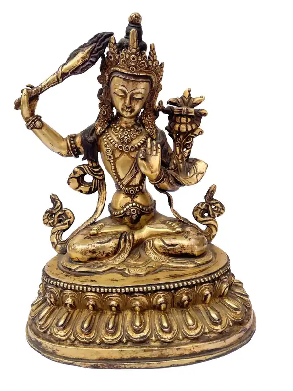 Statue de Manjushri – Cuivre & Plaqué Or