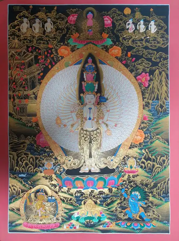 Sahasrabhuja Avalokiteshvara avec Thangka de Shakyamuni Bouddha