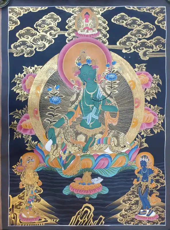 Thangka de Green Tara avec Amitabha Buddha