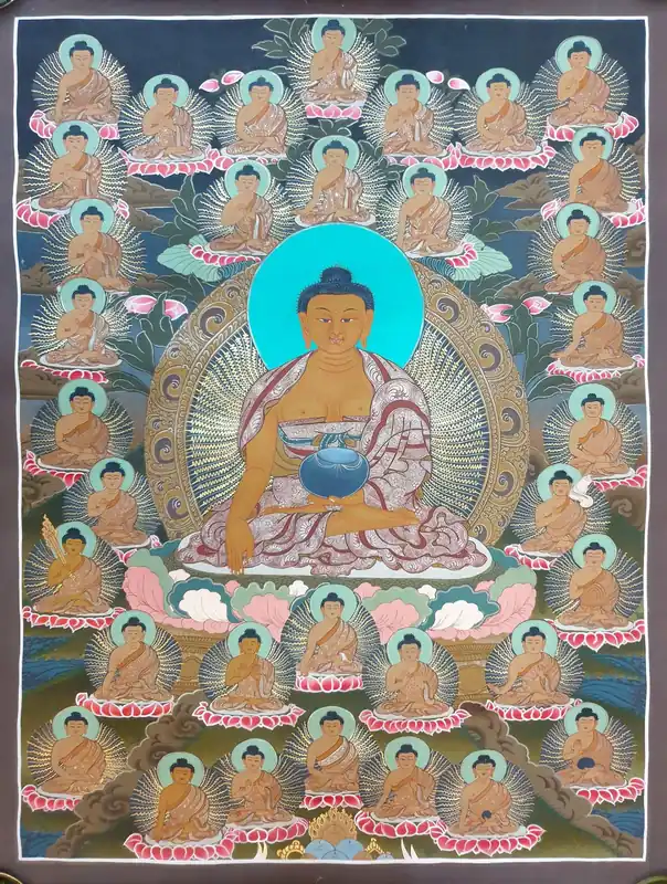 Shakyamuni Buddha avec les 36 Bouddhas Thangka