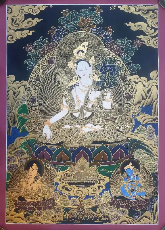 Thangka de la Déesse Tara Blanche avec Deux Dieux
