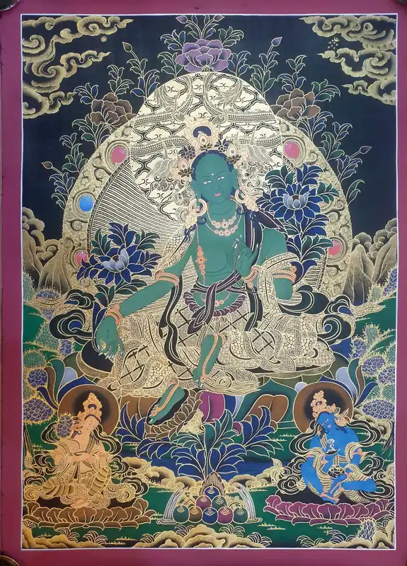Thangka de la Tara Verte avec Deux Déités