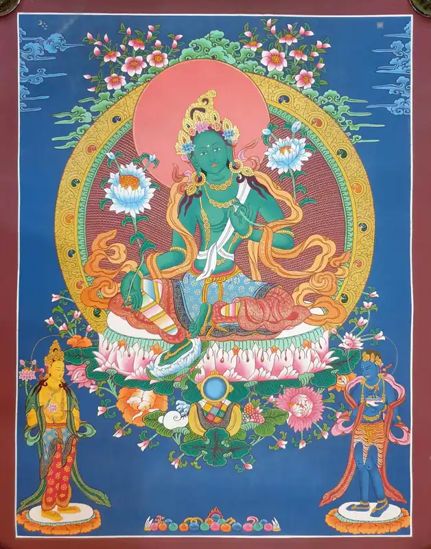 Peinture de Green Tara avec deux déesses debout