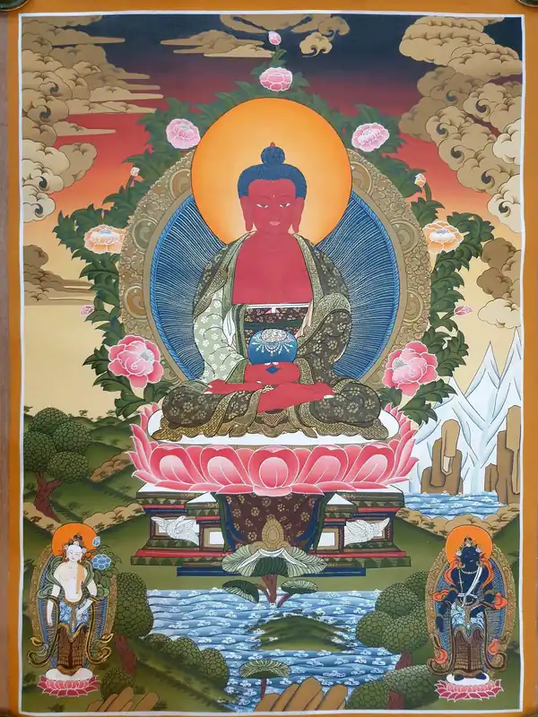 Peinture d’Amitabha Bouddha avec Deux Divinités