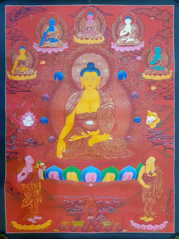 Buddha Shakyamuni avec la peinture thangka des Pancha Bouddhas