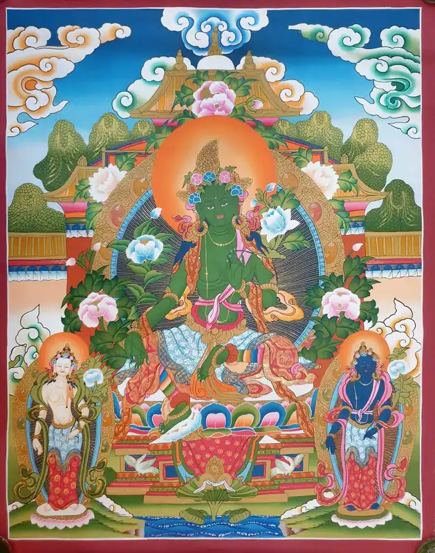Peinture de la Tara Verte avec Deux Déesses Debout