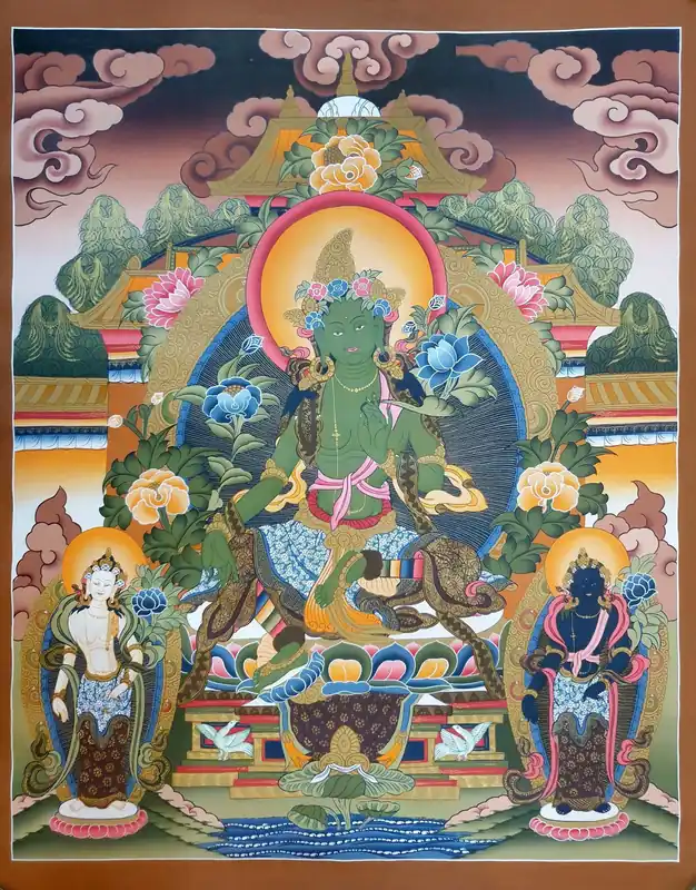 Thangka de la Tara Verte avec Deux Déesses Debout