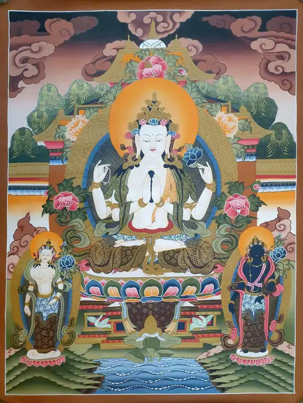 Thangka de Chenrezig avec Deux Déesses Debout